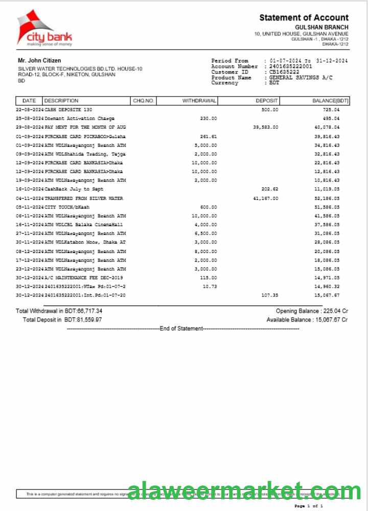 Bangladesh City Bank statement Word and PDF example